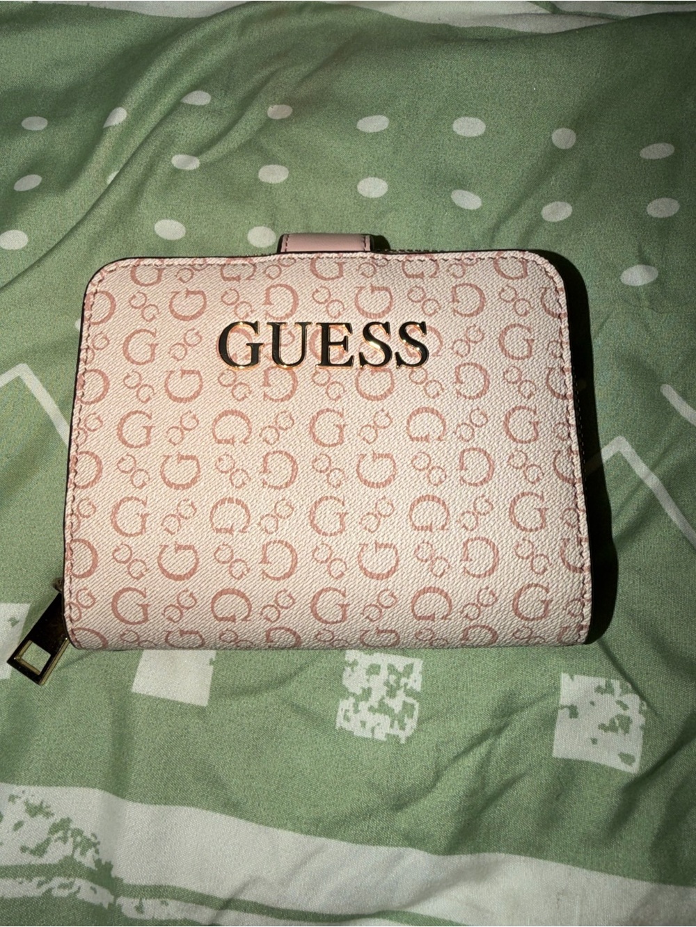 GUESS Pink Monogram Compact Wallet with Gold Logo